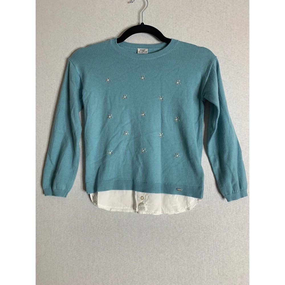 Mayoral Girl Sweater Girls 7/8 Teal Blue Faux Layered Embellished Preppy Classic